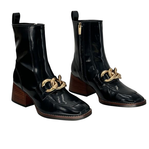 Steve Madden Womens Loreen Chunky Chained Bootie 6.5 Black Faux Patent Leather - Picture 5 of 11